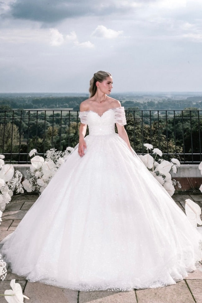 Romantic White Sweetheart Off-The-Shoulder Sequined Ball Gown Cathedral Train Tulle Wedding Dresses With Appliques