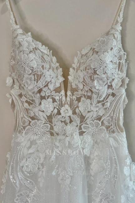 Romantic White Sweetheart Spaghetti Strap A-Line Sleeveless Lace Long Tulle Wedding Dresses With Appliques
