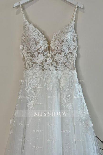 Romantic White Sweetheart Spaghetti Strap A-Line Sleeveless Lace Long Tulle Wedding Dresses With Appliques