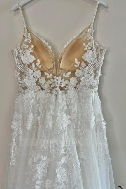 Romantic White Sweetheart Spaghetti Strap A-Line Sleeveless Lace Long Tulle Wedding Dresses With Appliques