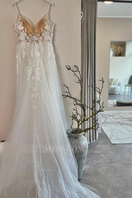Romantic White Sweetheart Spaghetti Strap A-Line Sleeveless Lace Long Tulle Wedding Dresses With Appliques