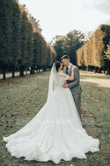 Romantic White Sweetheart Spaghetti Strap Off-The-Shoulder Sleeveless Lace Ball Gown Long Tulle Wedding Dresses With Appliques