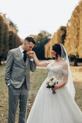 Romantic White Sweetheart Spaghetti Strap Off-The-Shoulder Sleeveless Lace Ball Gown Long Tulle Wedding Dresses With Appliques