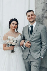 Romantic White Sweetheart Spaghetti Strap Off-The-Shoulder Sleeveless Lace Ball Gown Long Tulle Wedding Dresses With Appliques