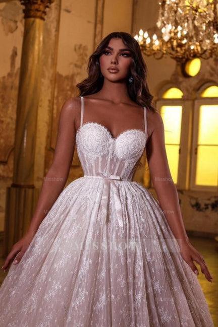 Romantic White Sweetheart Spaghetti Strap Sleeveless Ball Gown Long Lace Wedding Dresses