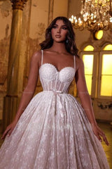 Romantic White Sweetheart Spaghetti Strap Sleeveless Ball Gown Long Lace Wedding Dresses