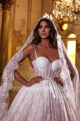Romantic White Sweetheart Spaghetti Strap Sleeveless Ball Gown Long Lace Wedding Dresses