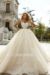Romantic White Sweetheart Spaghetti Strap Sleeveless Sequined Lace Ball Gown Long Tulle Wedding Dresses