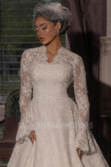 Romantic White V-Neck A-Line Lace Long Sleeves Sweep Train Velour Wedding Dresses With Appliques