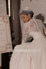 Romantic White V-Neck A-Line Lace Long Sleeves Sweep Train Velour Wedding Dresses With Appliques