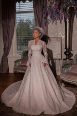 Romantic White V-Neck A-Line Lace Long Sleeves Sweep Train Velour Wedding Dresses With Appliques