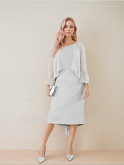 Round Neck Tea-Length Mother of the Bride Dress with Tassels and Long Sleeves
