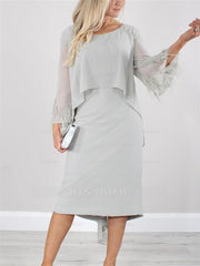 Round Neck Tea-Length Mother of the Bride Dress with Tassels and Long Sleeves