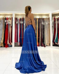 Royal Blue A-line Backless Long Prom Evening Dresses