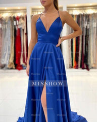 Royal Blue A-line Backless Long Prom Evening Dresses