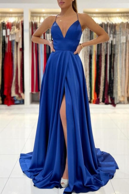 Royal Blue A-line Backless Long Prom Evening Dresses