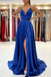 Royal Blue A-line Backless Long Prom Evening Dresses
