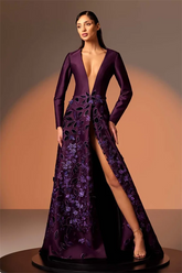 Royal Blue Deep V-Neck Long Sleeves A-Line Satin Appliques Floor Formal Evening Dress