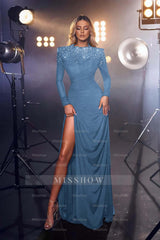 Royal Blue High Neck Long Sleeve Beaded Column Floor Length Formal Evening Dress