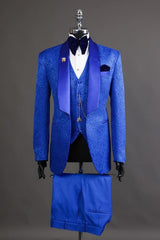 Royal Blue Jacquard Shawl Collar Three-Piece Tailored Wedding Suit