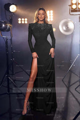 Royal Blue Jewel Formal Dress Long Sleeves With High Split Beading