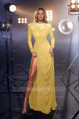 Royal Blue Jewel Formal Dress Long Sleeves With High Split Beading