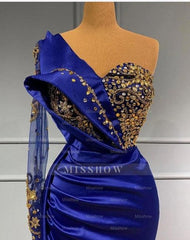 Royal Blue Long One Shoulder Mermaid Prom Evening Dresses with Sleeves