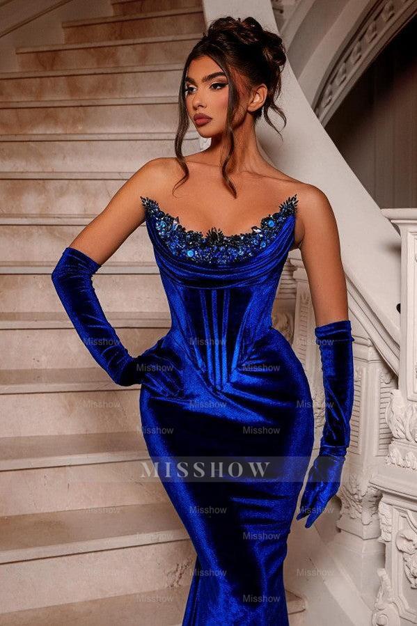 Royal Blue Long Velvet Beading Sleeveless Mermaid Prom Evening Dresses