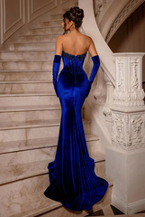 Royal Blue Long Velvet Beading Sleeveless Mermaid Prom Evening Dresses