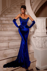 Royal Blue Long Velvet Beading Sleeveless Mermaid Prom Evening Dresses