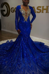 Royal Blue Long sleeves Sequin Mermaid Prom Dress with Gold Embellished V-Neck