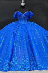 Royal Blue Off-Shoulder Short Sleeve Beaded Applique Bow Ball Gown Quinceanera Dress