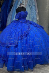 Royal Blue Off-Shoulder Short Sleeve Sequin Applique Ruffled Ball Gown Quinceanera Dress