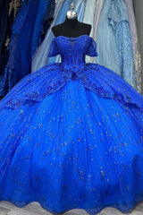 Royal Blue Off-Shoulder Short Sleeve Sequin Applique Ruffled Ball Gown Quinceanera Dress