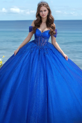 Royal Blue Off-Shoulder Sleeveless Beaded Applique Lace-Up Ball Gown Quinceanera Dress