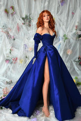 Royal Blue Off-the-Shoulder Long Sleeves Beading Rhinestone Ball Gown Formal Evening Dress