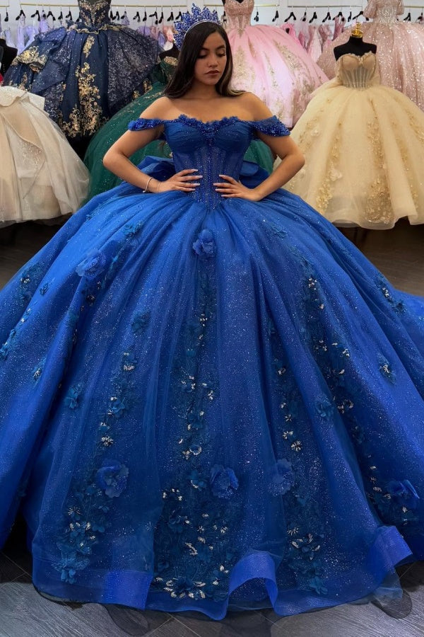 Royal Blue Off-the-Shoulder Sleeveless 3D Floral Applique Bow Ball Gown Quinceanera Dress