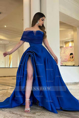 Royal Blue Off-the-Shoulder Sleeveless A-Line Satin Ruffled Floor Length Formal Dress