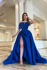 Royal Blue Off-the-Shoulder Sleeveless A-Line Satin Ruffled Floor Length Formal Dress
