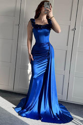 Royal Blue Off-the-Shoulder Sleeveless Mermaid Satin Ruffled Floor Formal Evening Dress