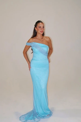 Light blue off-the-shoulder beaded mermaid evening dress