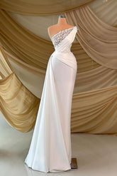 White one shoulder applique column evening dress