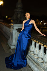 Royal blue one shoulder ruched column evening dress