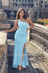 Light blue one shoulder rhinestone bodycon evening dress