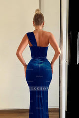 Royal blue one shoulder ruched velvet column evening dress