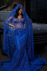 Royal Blue Prom Dress Sheer Beaded Sleeveless Mermaid Gown with Veil