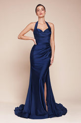 Navy halter ruched mermaid evening dress