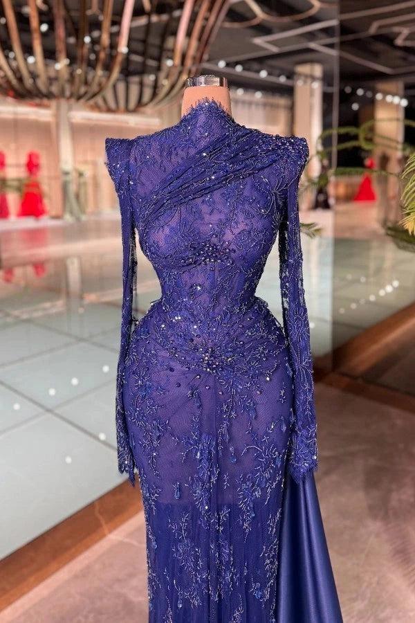 Royal Blue Sequin Beaded Lace Mermaid Evening Dress High Neck Long Sleeves Scallop Fringe Cuff Allover Vine Lace Diagonal Ruched Waist Satin Side Drape Train Scallop Hem Formal Gown