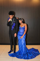 Royal Blue Sequin Mermaid Prom Dress Strapless Sweetheart Sheer Corset 3D Floral Crystal Beaded Evening Gown with Sweep Train