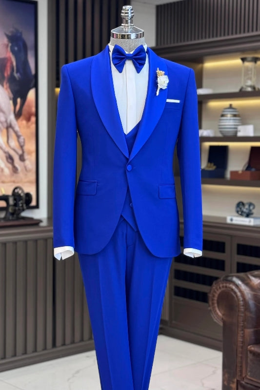 Royal Blue Shawl Collar Three-Piece Men's Wedding Attire